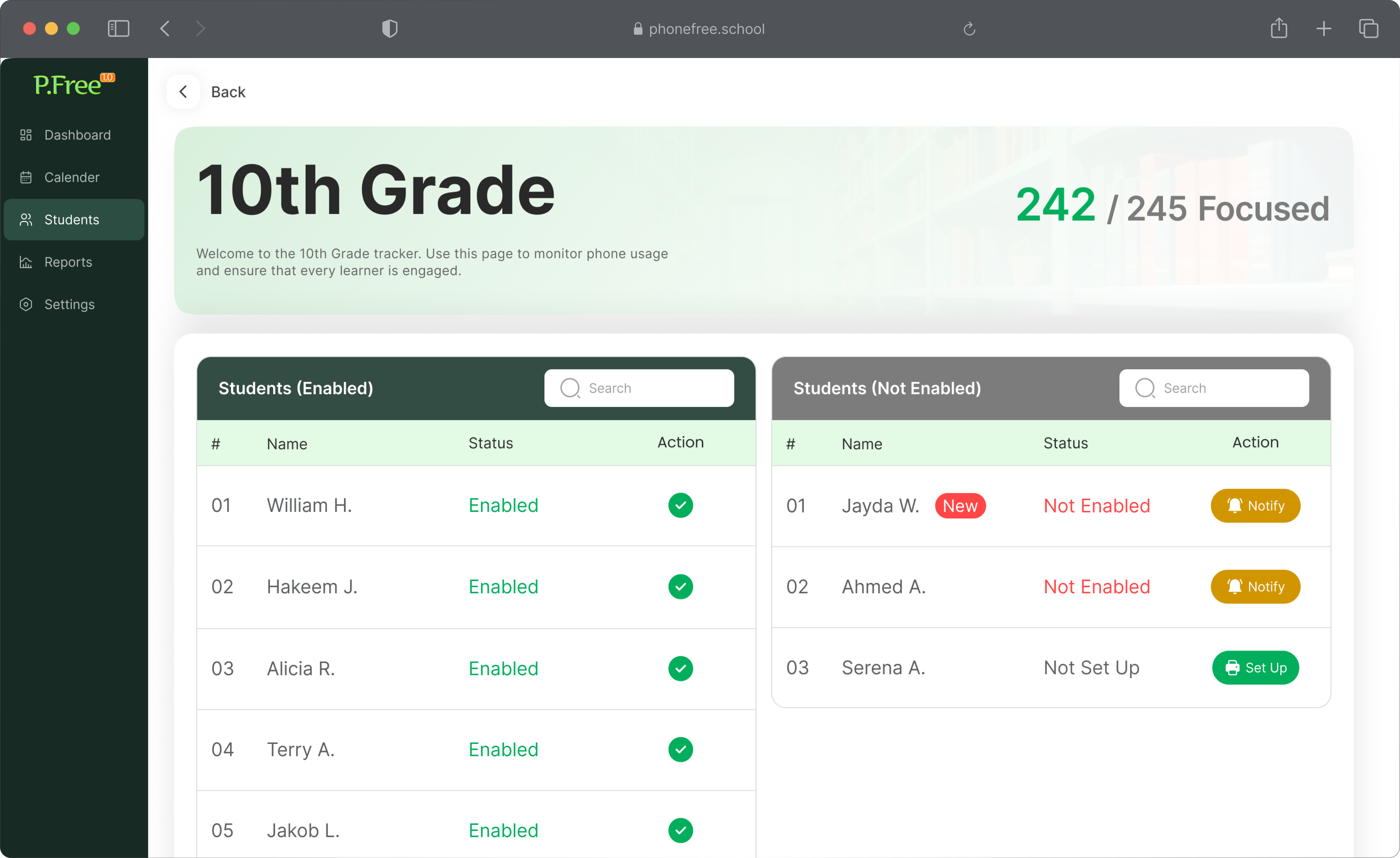 Phone Free Classroom dashboard MockUp